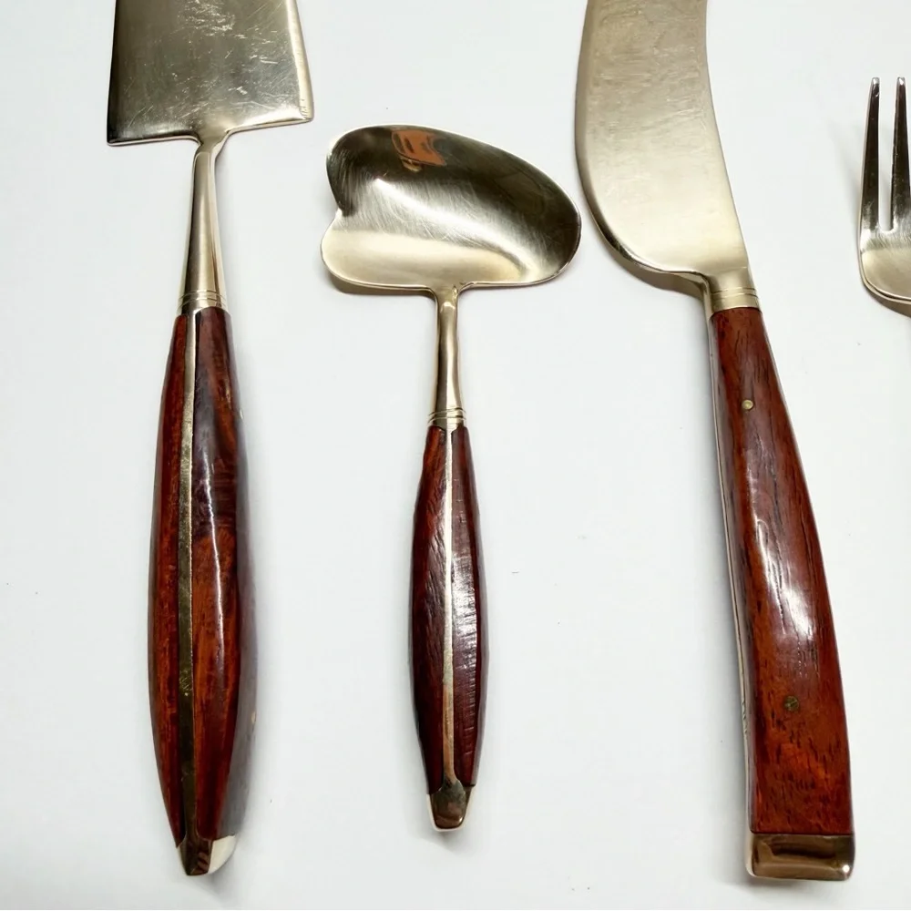 Vintage Bangkok Jewelry Factory Gold Tone Wood Handle Hor D’oeuvres Flatware Set